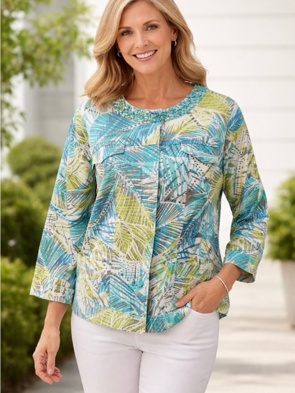 Ruby Rd. crop blazer palm leaves blue green stone beaded collar 3/4 sleeve 10